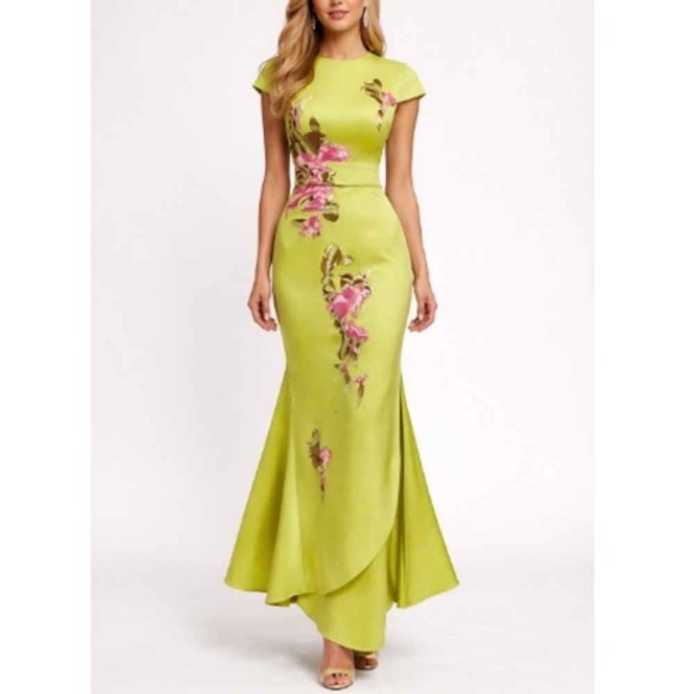 Fehaute Women's Green Satin Floral Embroidery Slit Sheath Maxi Dress Size S NWT